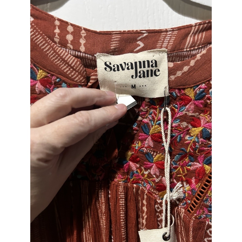 Savanna Jane Brown Cream Floral Embroidery Top Sz M NWT Western Boho Festival - Picture 3 of 7
